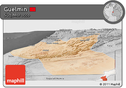 Satellite Panoramic Map of Guelmin, desaturated