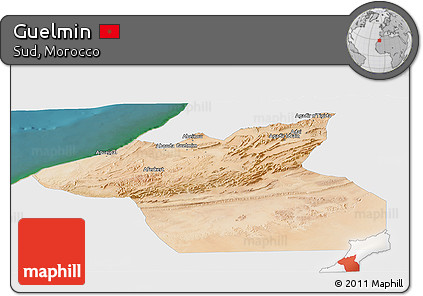 Satellite Panoramic Map of Guelmin, single color outside