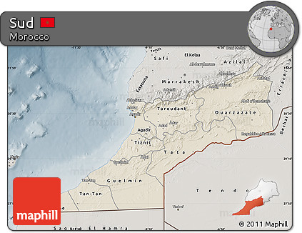 Shaded Relief Map of Sud, semi-desaturated