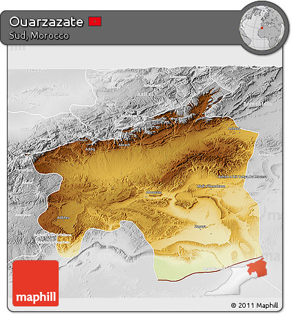 Physical 3D Map of Ouarzazate, lighten, desaturated