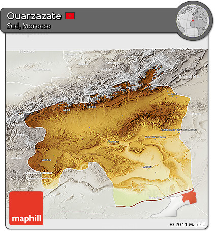 Physical 3D Map of Ouarzazate, lighten, semi-desaturated