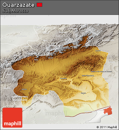 Physical 3D Map of Ouarzazate, lighten, semi-desaturated