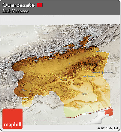 Physical 3D Map of Ouarzazate, lighten, semi-desaturated