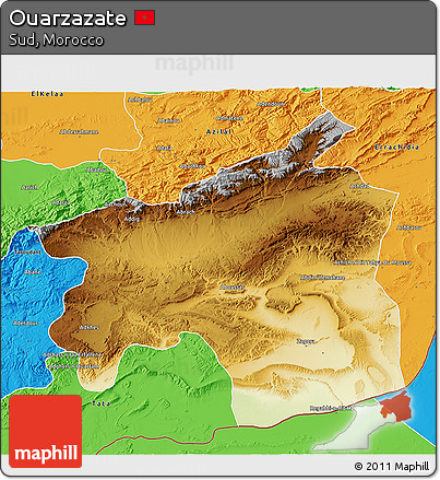 Physical 3D Map of Ouarzazate, political outside