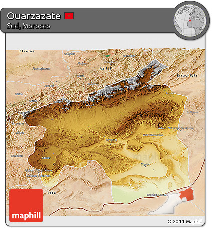 Physical 3D Map of Ouarzazate, satellite outside