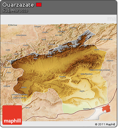Physical 3D Map of Ouarzazate, satellite outside