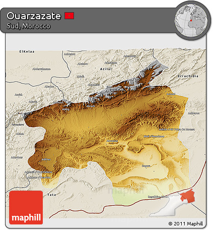 Physical 3D Map of Ouarzazate, shaded relief outside