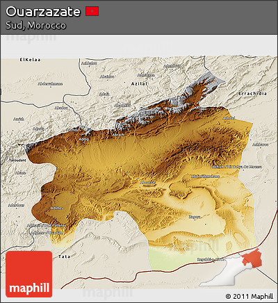 Physical 3D Map of Ouarzazate, shaded relief outside
