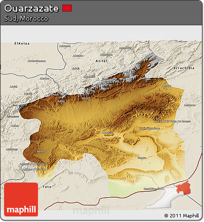 Physical 3D Map of Ouarzazate, shaded relief outside