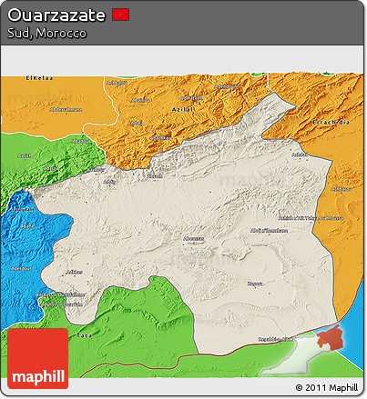 Shaded Relief 3D Map of Ouarzazate, political outside