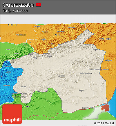 Shaded Relief 3D Map of Ouarzazate, political outside