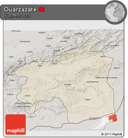 Shaded Relief 3D Map of Ouarzazate, semi-desaturated