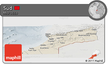 Shaded Relief Panoramic Map of Sud, lighten, semi-desaturated