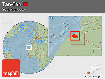 Savanna Style Location Map of Tan-Tan, hill shading