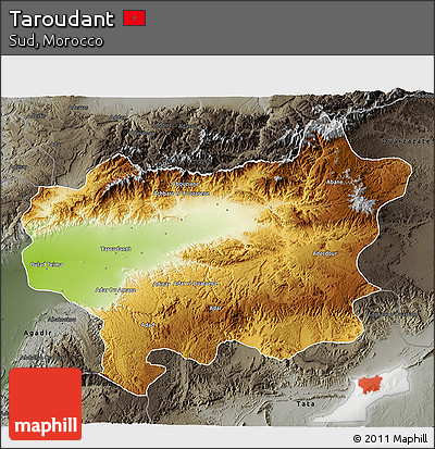 Physical 3D Map of Taroudant, darken, semi-desaturated