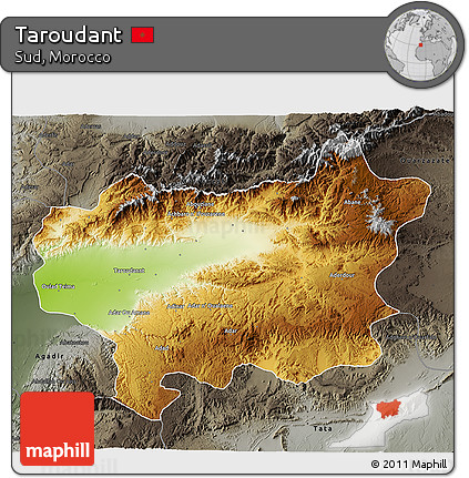 Physical 3D Map of Taroudant, darken, semi-desaturated
