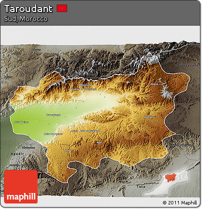 Physical 3D Map of Taroudant, darken, semi-desaturated