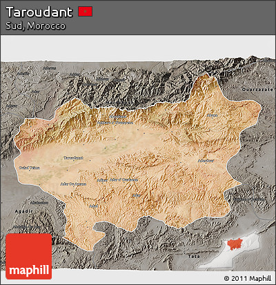 Satellite 3D Map of Taroudant, darken, semi-desaturated