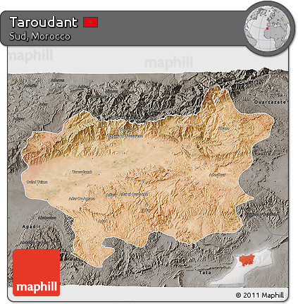 Satellite 3D Map of Taroudant, darken, semi-desaturated