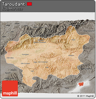 Satellite 3D Map of Taroudant, darken, semi-desaturated