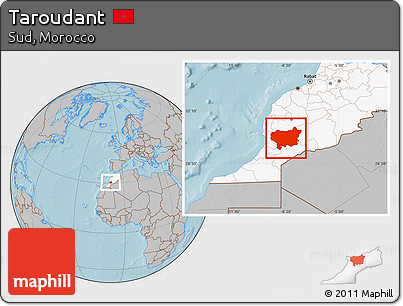 Gray Location Map of Taroudant, highlighted country, hill shading