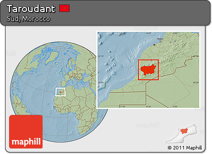 Savanna Style Location Map of Taroudant, hill shading