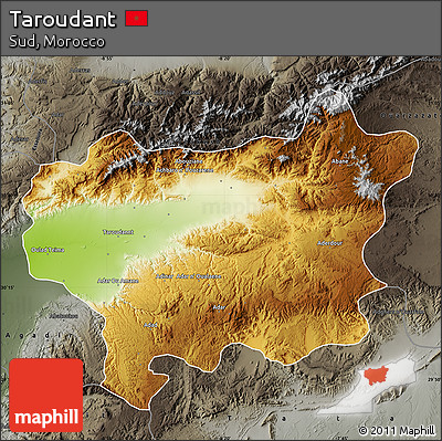 Physical Map of Taroudant, darken, semi-desaturated