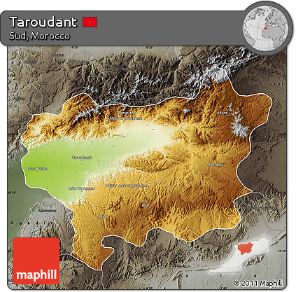 Physical Map of Taroudant, darken, semi-desaturated