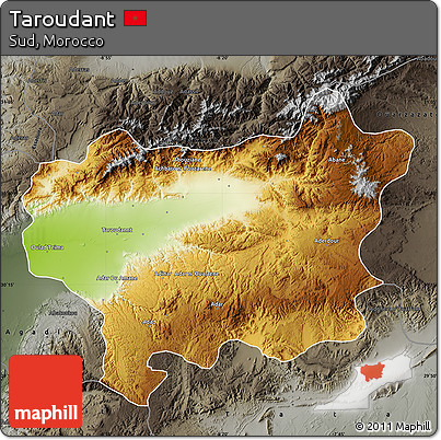 Physical Map of Taroudant, darken, semi-desaturated