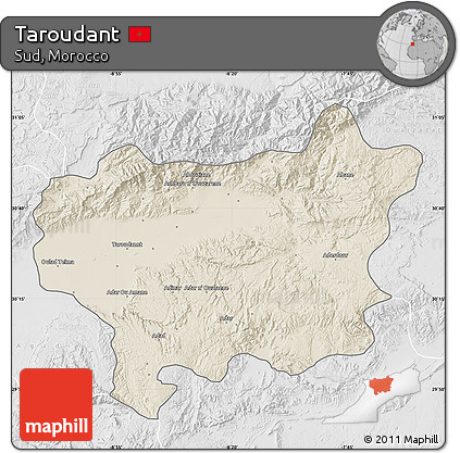 Shaded Relief Map of Taroudant, lighten, desaturated