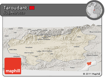 Shaded Relief Panoramic Map of Taroudant, semi-desaturated