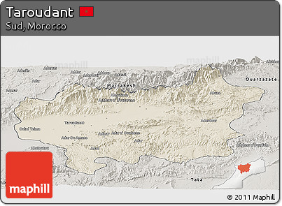 Shaded Relief Panoramic Map of Taroudant, semi-desaturated