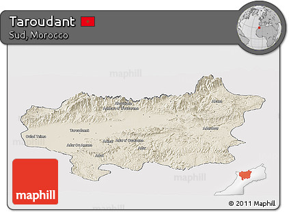 Shaded Relief Panoramic Map of Taroudant, single color outside