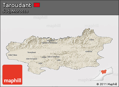 Shaded Relief Panoramic Map of Taroudant, single color outside