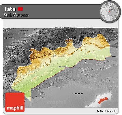 Physical 3D Map of Tata, darken, desaturated