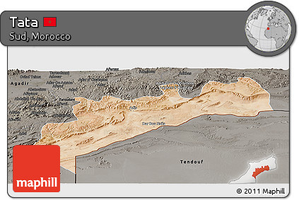 Satellite Panoramic Map of Tata, darken, semi-desaturated