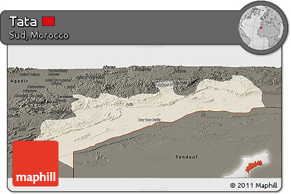 Shaded Relief Panoramic Map of Tata, darken