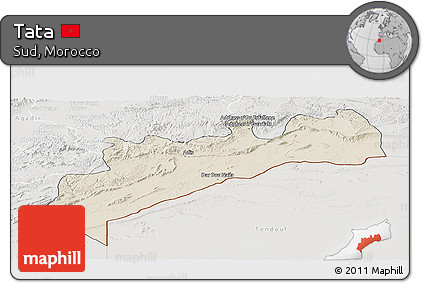 Shaded Relief Panoramic Map of Tata, lighten, semi-desaturated