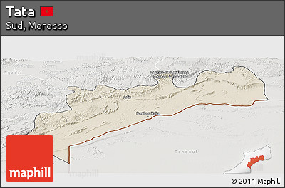 Shaded Relief Panoramic Map of Tata, lighten, semi-desaturated