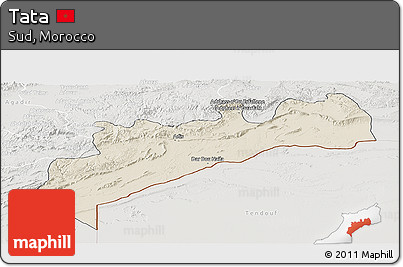 Shaded Relief Panoramic Map of Tata, lighten, semi-desaturated