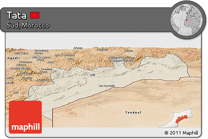 Shaded Relief Panoramic Map of Tata, satellite outside