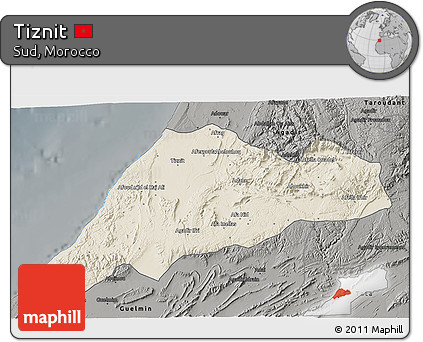 Shaded Relief 3D Map of Tiznit, darken, semi-desaturated