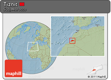 Savanna Style Location Map of Tiznit, within the entire country, hill shading