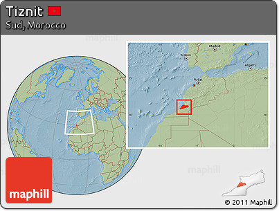 Savanna Style Location Map of Tiznit, within the entire country, hill shading