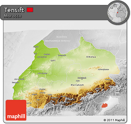 Physical 3D Map of Tensift, lighten, desaturated