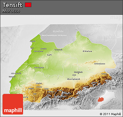 Physical 3D Map of Tensift, lighten, desaturated