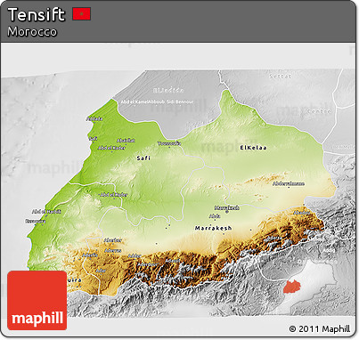 Physical 3D Map of Tensift, lighten, desaturated