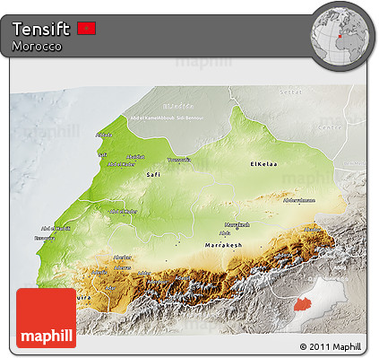 Physical 3D Map of Tensift, lighten, semi-desaturated