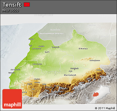 Physical 3D Map of Tensift, lighten, semi-desaturated