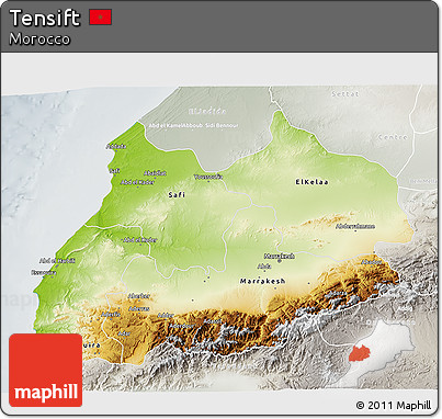 Physical 3D Map of Tensift, lighten, semi-desaturated